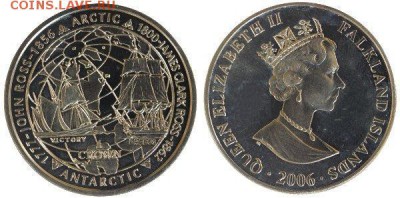 Шайба Фолклендские острова 1 крона 2006 Арктика и Антарктика - shajba_folklendskie_ostrova_1_krona_2006_arktika_i_antarktika_dzhon_ross_dzhejms_klark_korabl_parusnik