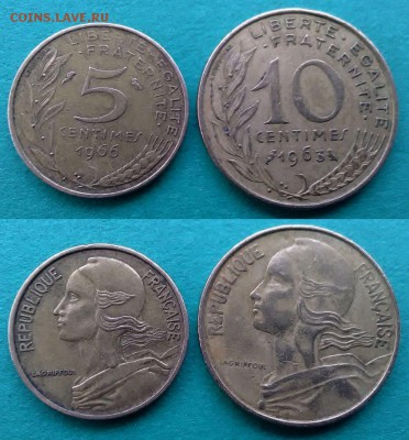 Франция - 5 сантимов 1966 и 10 сантимов 1963 до 9.12 - франция 1963 и 1966 года