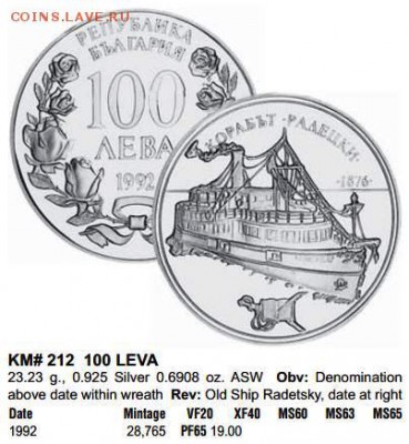 Болгария 100 лева 1992 Корабль "Радецкий" 0.925 23.23 г - КРАУЗЕ.JPG