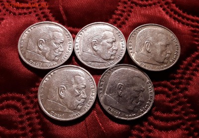Германия. 5 рейхсмарок 1936-1938 гг. 5 шт. До 16.12.18. - 20181213_225012
