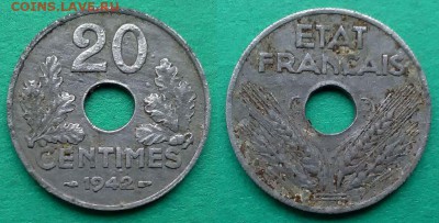 Франция - 20 сантимов (цинк) 1942 года до 24.12 - франция 20 сантимов 1942 года