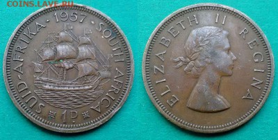 ЮАР - 1 пенни 1957 года ("Парусник") до 24.12 - юар 1 пенни 1957 года