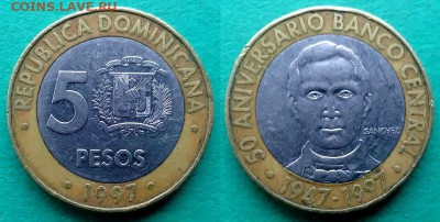 Доминикана - 5 песо 1997 года (50 лет Центробанку) до 28.12 - доминикана 5 песо 1997 года