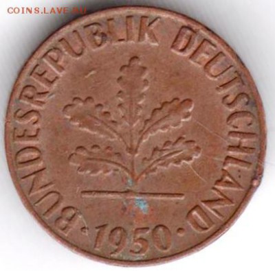 Германия 1 пфенниг 1950 г. F до 24.00 24.01.19 г. - 029