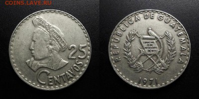 МОНЕТЫ МИРА 01-19 - Гватемала – 25 сентаво (1971) «Индеец» (d-27мм) (герб тип№2) №1