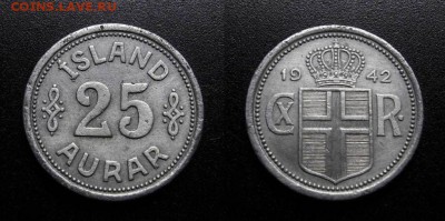 МОНЕТЫ МИРА 01-19 - Исландия (Дания) – 25 эйре (1942) цинк