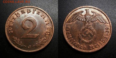 МОНЕТЫ МИРА 01-19 - Германия (3-й Рейх) – 2 рейхспфеннига (1939 J) бронза №1
