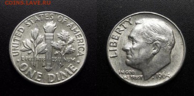 МОНЕТЫ МИРА 01-19 - США – 1 дайм (1964 D) «Франклин Рузвельт» (Ag)