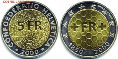 Биметалл Швейцария 5 франков 2000 150 лет монетной системе - bimetall_shvejcarija_5_frankov_2000_150_let_shvejcarskoj_nacionalnoj_monetnoj_sisteme