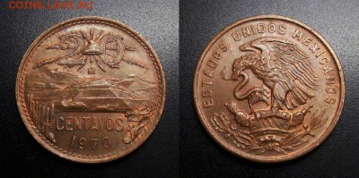 МОНЕТЫ МИРА 01-19 - Мексика – 20 сентаво (1970) «Пирамида Солнца (герб тип №2)» №1