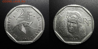 МОНЕТЫ МИРА 01-19 - Франция – 2 франка (1997) «Жорж Гинемер – лётчик 1-й Мировой войны, национальный герой» №4