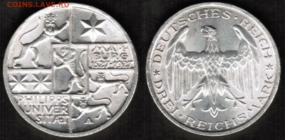 Веймар - 3 рейхсмарки 1927 А Марбург, состояние VF+ - Марбург 1
