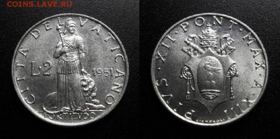 МОНЕТЫ МИРА 01-19 - Ватикан – 2 лиры (1951) «Фортитудо – богиня мужества»