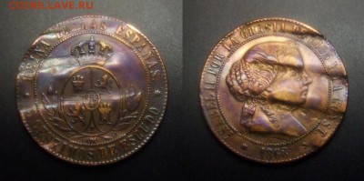 МОНЕТЫ МИРА 01-19 - Испания – 5 сентимо (1868) «Изабелла II» медь (d-32мм)  (гашёная)