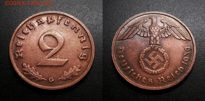 МОНЕТЫ МИРА 01-19 - Германия (3-й Рейх) – 2 рейхспфеннига (1939 G) бронза №1