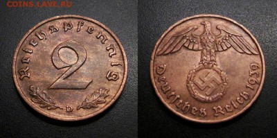 МОНЕТЫ МИРА 01-19 - Германия (3-й Рейх) – 2 рейхспфеннига (1939 D) бронза №1