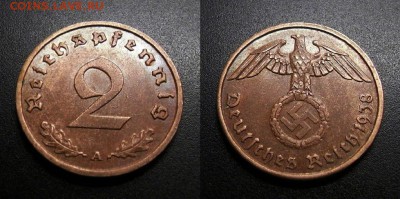 МОНЕТЫ МИРА 01-19 - Германия (3-й Рейх) – 2 рейхспфеннига (1938 А) бронза №4