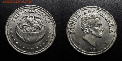 МОНЕТЫ МИРА 01-19 - Колумбия – 20 сентаво (1956) «Симон Боливар – президент Колумбии» №2