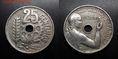 МОНЕТЫ МИРА 01-19 - Испания – 25 сентимо (1934) «Девушка с оливковой ветвью»
