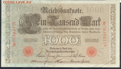 Германия 1000 марок 1910 г. (красная печать) 26.02. 19 г. 22 - 1000 м. 1910 1