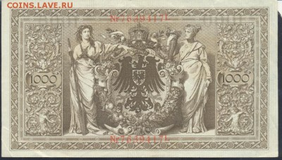 Германия 1000 марок 1910 г. (красная печать) 26.02. 19 г. 22 - 1000 м. 1910