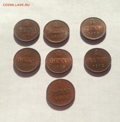 1 пенни Русская Финляндия - 7 шт(1909-1916гг), до 11.03.19г. - 1p9-16-10