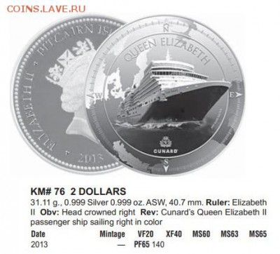 о-в Питкерн 2$ 2013 г. Лайнер Королева Елизавета II Цветная - Краузе Питкерн