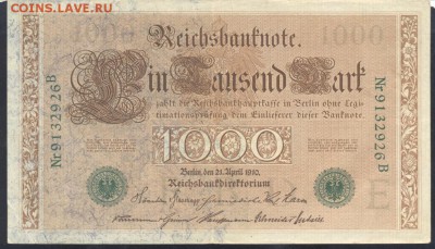 Германия 1000 марок 1910 г.  Зелёная печать.    10.03. 19 г - 1000  м. 1910 1