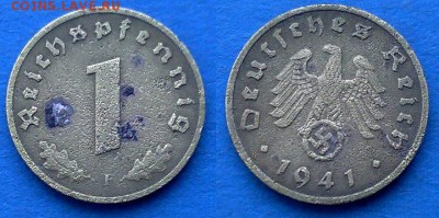 Германия - Третий рейх 1 рейхспфенниг (F) 1941 г. до 21.03 - Германия - Третий рейх 1 рейхспфенниг 1941