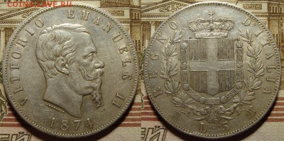 5 лир 1874 г. Виктор Эммануил II. До 29.03. в 22.00 МСК - A