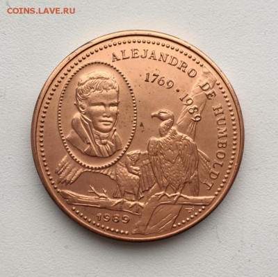 Крона Шайба Куба 1 песо 1989 Александр фон Гумбольдт медь - krona_shajba_kuba_1_peso_1989_aleksandr_fon_gumboldt_med_kondor_orel_fauna