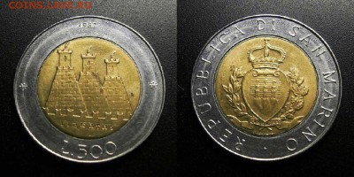 МОНЕТЫ МИРА 04-19 - Сан-Марино – 500 лир (1987) «Герб» (бм)