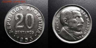 МОНЕТЫ МИРА 04-19 - Аргентина – 20 сентаво (1953) «Хосе де Сан Мартин» №1