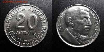 МОНЕТЫ МИРА 04-19 - Аргентина – 20 сентаво (1950) «100-летие со дня смерти Хосе де Сан Мартина» №3