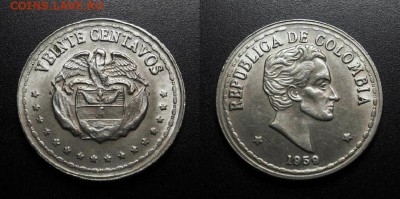 МОНЕТЫ МИРА 04-19 - Колумбия – 20 сентаво (1959) «Симон Боливар – президент Колумбии»