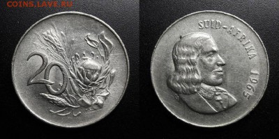 МОНЕТЫ МИРА 04-19 - ЮАР – 20 центов (1965) «Протея; исследователь Ян ванн Рибек (SUID AFRIKA)»