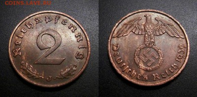 МОНЕТЫ МИРА 04-19 - Германия (3-й Рейх) – 2 рейхспфеннига (1939 J) бронза №3