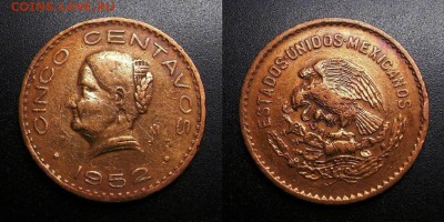 МОНЕТЫ МИРА 04-19 - Мексика - 5 сентаво (1952) «Жозефа Ортис де Домингис – борец за независимость Мексики»