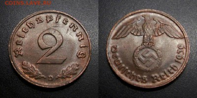 МОНЕТЫ МИРА 04-19 - Германия (3-й Рейх) – 2 рейхспфеннига (1939 D) бронза