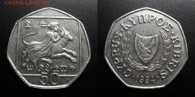 МОНЕТЫ МИРА 04-19 - Кипр - 50 центов (1994) «Похищение Европы Зевсом» №1