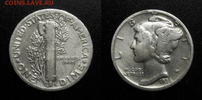 МОНЕТЫ МИРА 04-19 - США – 1 дайм (1936) «Меркурий» (Аg) №1