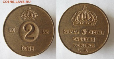 36.Монеты Швеции 1942-1973г. - 36.18. -Швеция 2 эре 1965    A20