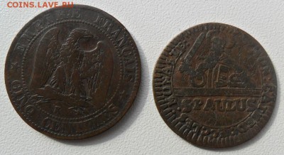 Монета 10 сантимов 1853 и 3 пфеннига 1756 год - SAM_6827.JPG