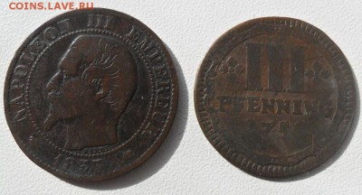 Монета 10 сантимов 1853 и 3 пфеннига 1756 год - SAM_6824.JPG