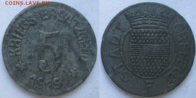 Нотгельды Германии. Обзорная тема. - 5 пфеннигов 1919г. Крефельд F