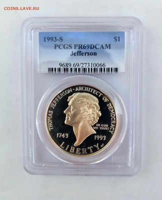 1 доллар США 1993 Томас Джефферсон. Proof. PCGS. Серебро. - IMG_20190329_214811