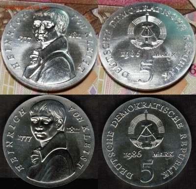 Германия-ГДР-5 марок 1986 года-Генрих фон Клейст UNC - ГДР- 5 марок 1986 Клейст фото +скан