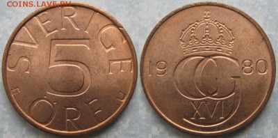 37.Монеты Швеции 1963-2000г. - 37.18. -Швеция 5 эре 1980    9963