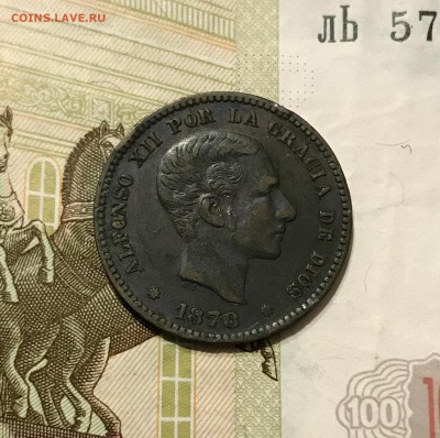 Испания, cinco centimos, 1878 год. - EBE4FFB1-DBE2-4D8C-A239-23A26491281B
