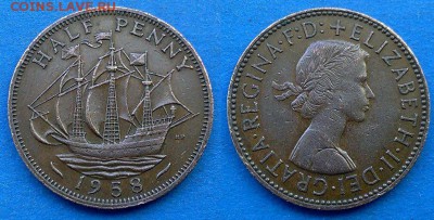 Великобритания - ½ пенни 1958 года (Парусник) до 6.05 - Великобритания 0.5 пенни 1958